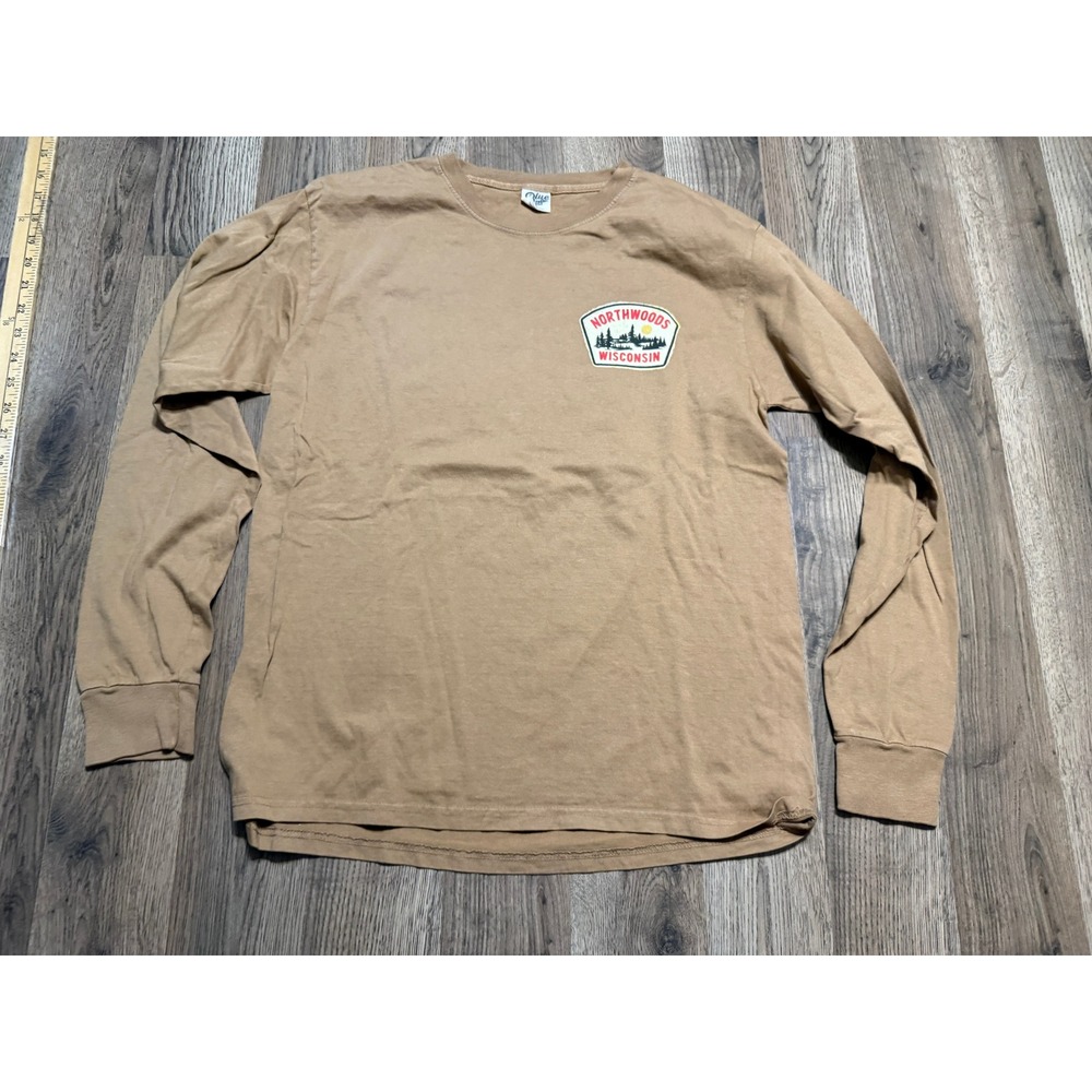 Blue 84 Shirt Unisex Size S Tan Long Sleeve Graphic Patch Northwoods Wisconsin
